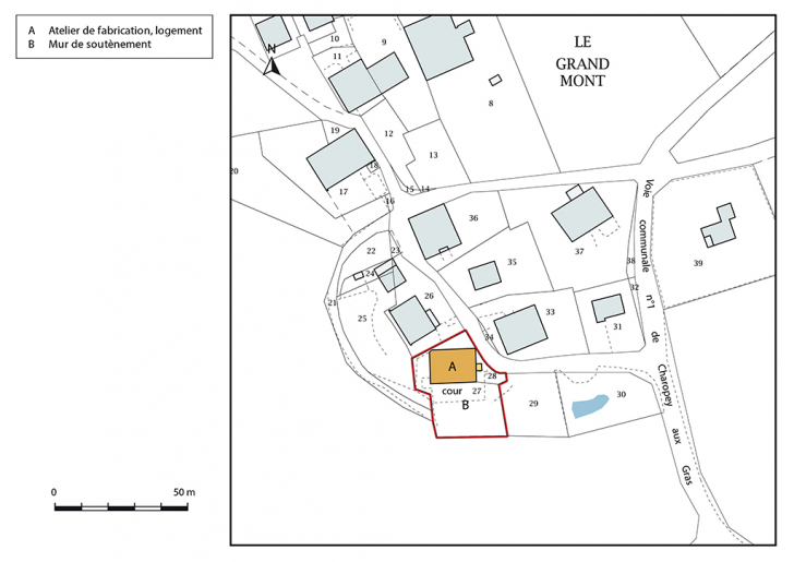 Plan-masse et de situation. Extrait du plan cadastral, 2017, section AD, 1/1 000. © Mathias Papigny / Région Bourgogne-Franche-Comté, Inventaire du patrimoine - 2017