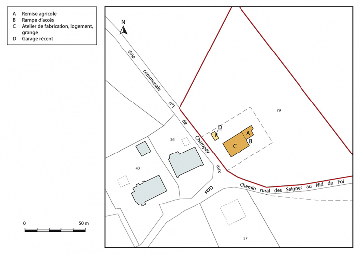 Plan-masse et de situation. Extrait du plan cadastral, 2017, section ZH, 1/1 000. © Mathias Papigny / Région Bourgogne-Franche-Comté, Inventaire du patrimoine - 2017 Plan-masse et de situation. Extrait du plan cadastral, 2017, section ZH, 1/1 000. © Mathias Papigny / Région Bourgogne-Franche-Comté, Inventaire du patrimoine - 2017
