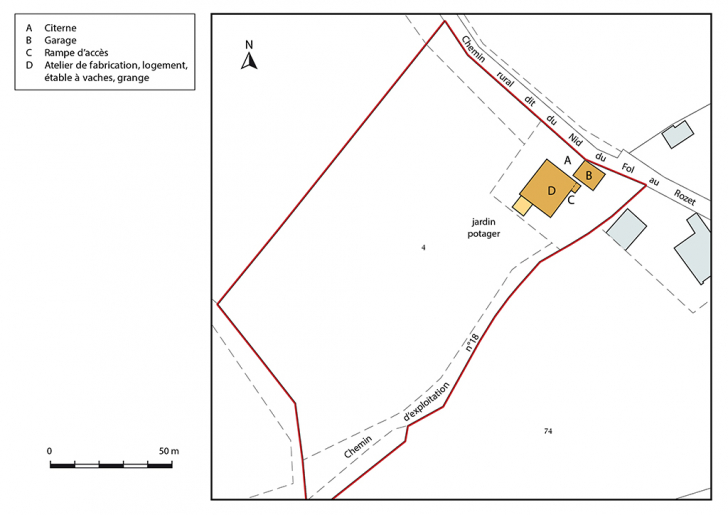 Plan-masse et de situation. Extrait du plan cadastral, 2017, section ZD, 1/1 000. © Mathias Papigny / Région Bourgogne-Franche-Comté, Inventaire du patrimoine - 2017