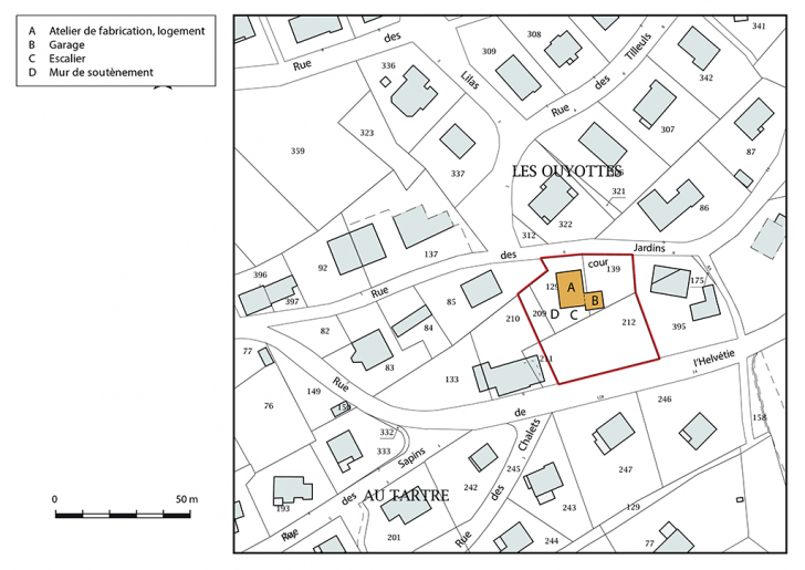Plan-masse et de situation. Extrait du plan cadastral, 2017, section AC, 1/1 000. © Mathias Papigny / Région Bourgogne-Franche-Comté, Inventaire du patrimoine - 2017