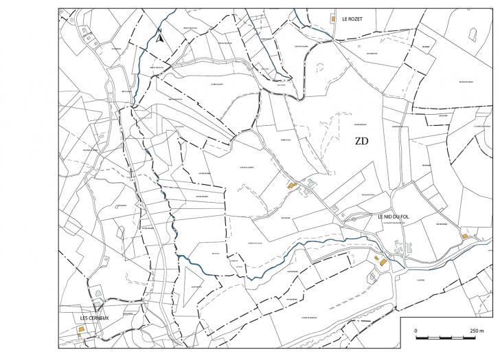 Carte de localisation des fabriques d'outillage étudiées : les Cerneux, le Nid du Fol et le Rozet. Extrait du plan cadastral, 2017, sections C, ZC, ZD et ZH, 1/1 000 réduit à 1/5 000. © Mathias Papigny / Région Bourgogne-Franche-Comté, Inventaire du patrimoine - 2017 Carte de localisation des fabriques d'outillage étudiées : les Cerneux, le Nid du Fol et le Rozet. Extrait du plan cadastral, 2017, sections C, ZC, ZD et ZH, 1/1 000 réduit à 1/5 000. © Mathias Papigny / Région Bourgogne-Franche-Comté, Inventaire du patrimoine - 2017