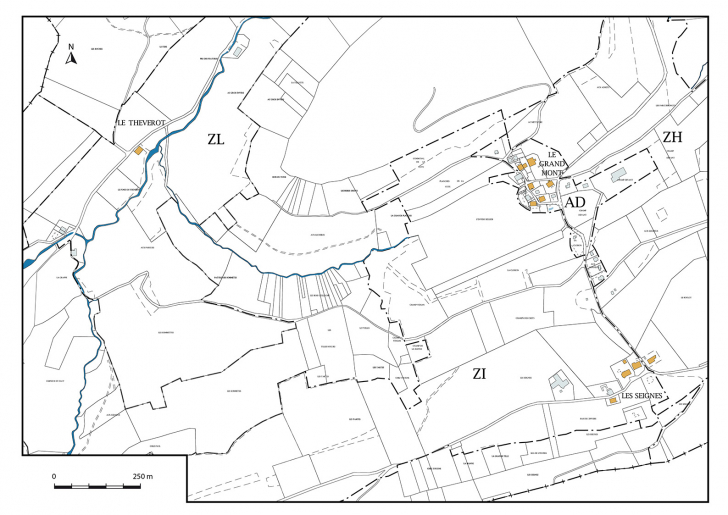 Carte de localisation des fabriques d'outillage étudiées : le Grand Mont, les Seignes et le Théverot. Extrait du plan cadastral, 2017, sections AD, D, ZH, ZI et ZL, 1/1 000 réduit à 1/5 000. © Mathias Papigny / Région Bourgogne-Franche-Comté, Inventaire du patrimoine - 2017 Carte de localisation des fabriques d'outillage étudiées : le Grand Mont, les Seignes et le Théverot. Extrait du plan cadastral, 2017, sections AD, D, ZH, ZI et ZL, 1/1 000 réduit à 1/5 000. © Mathias Papigny / Région Bourgogne-Franche-Comté, Inventaire du patrimoine - 2017