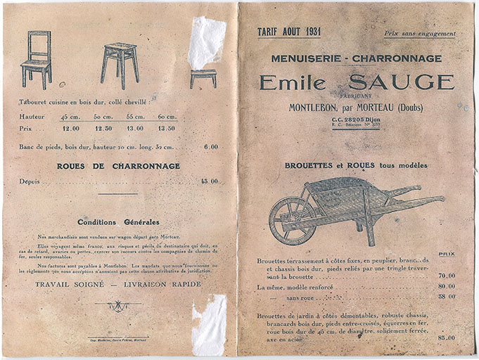 Menuiserie - charronnage Emile Sauge, fabricant. Montlebon, par Morteau (Doubs). Tarif août 1931, p. 1 et 4. © Laurent Poupard / Région Bourgogne-Franche-Comté, Inventaire du patrimoine - 2017 Menuiserie - charronnage Emile Sauge, fabricant. Montlebon, par Morteau (Doubs). Tarif août 1931, p. 1 et 4. © Laurent Poupard / Région Bourgogne-Franche-Comté, Inventaire du patrimoine - 2017