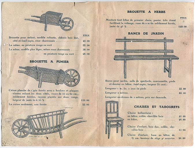 Menuiserie - charronnage Emile Sauge, fabricant. Montlebon, par Morteau (Doubs). Tarif août 1931, p. 2 et 3. © Laurent Poupard / Région Bourgogne-Franche-Comté, Inventaire du patrimoine - 2017 Menuiserie - charronnage Emile Sauge, fabricant. Montlebon, par Morteau (Doubs). Tarif août 1931, p. 2 et 3. © Laurent Poupard / Région Bourgogne-Franche-Comté, Inventaire du patrimoine - 2017