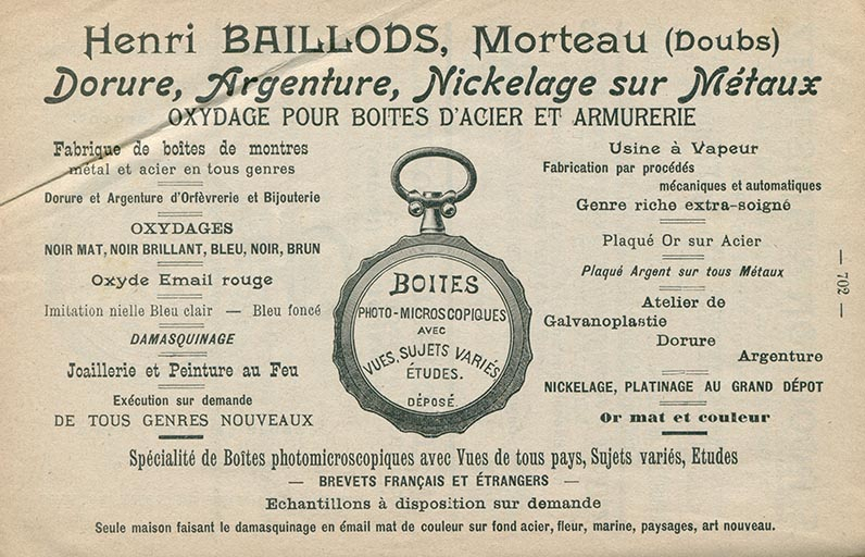 Publicité pour la fabrique d'Henri Baillods, 1902. © Laurent Poupard / Région Bourgogne-Franche-Comté, Inventaire du patrimoine - 2017
