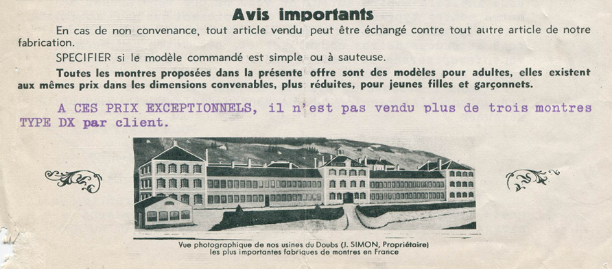 Vue photographique de nos usines du Doubs (J. Simon, propriétaire), les plus importantes fabriques de montres en France, extraite d'un document publicitaire de la fabrique Radia, 1ère moitié du 20e siècle © Laurent Poupard / Région Bourgogne-Franche-Comté, Inventaire du patrimoine - 2017