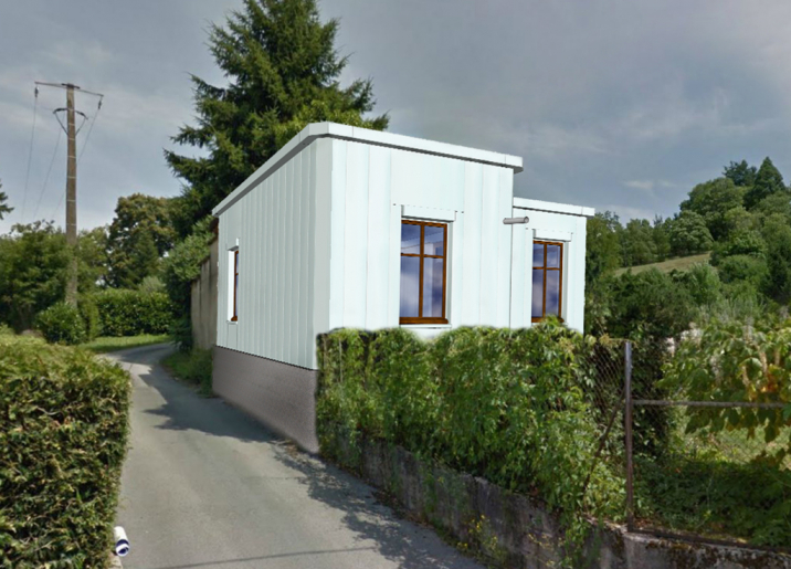 Restitution de la maison d'origine, intégrée au paysage actuel (dessin des élévations sud et ouest). © Mathias Papigny / Région Bourgogne-Franche-Comté, Inventaire du patrimoine - 2017