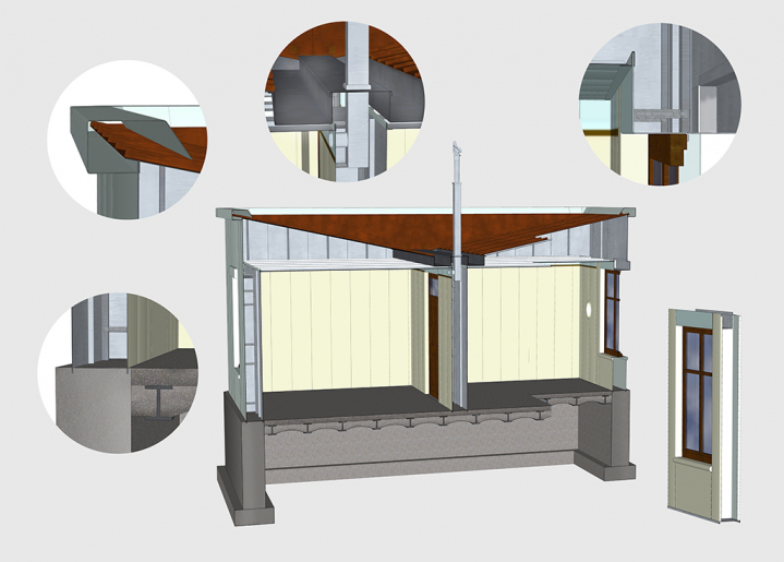 Restitution : coupe de la maison avec détails du système constructif. © Mathias Papigny / Région Bourgogne-Franche-Comté, Inventaire du patrimoine - 2017