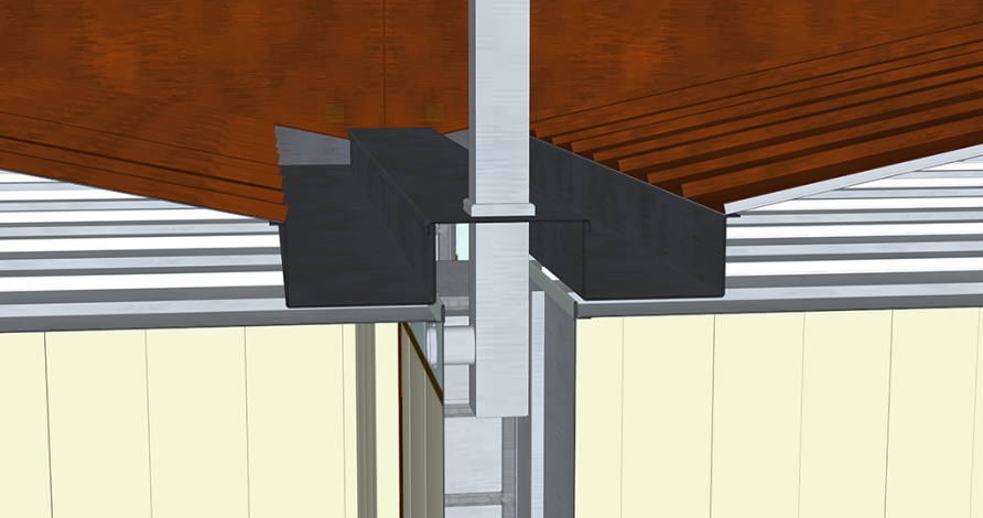 Restitution du système constructif : coupe au niveau de la noue centrale, avec cheminée, plafond et toiture. © Mathias Papigny / Région Bourgogne-Franche-Comté, Inventaire du patrimoine - 2017