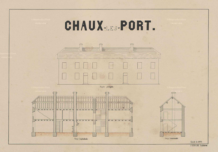 Plans des coupes et façades de la maison commune en 1888. © Guillaume Gézolme / Région Bourgogne-Franche-Comté, Inventaire du patrimoine - 2017
