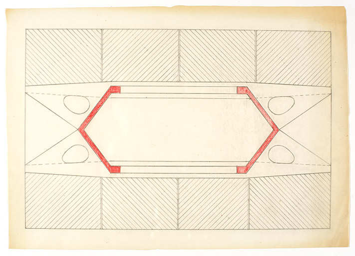 Dessin du coffrage de la base (pile) montrant la sous-face du premier étage, André Maisonnier, s.d. © Sonia Dourlot (reproduction) / Région Bourgogne-Franche-Comté, Inventaire du patrimoine - 2017