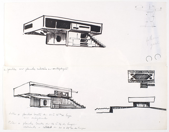Esquisses d'élévations perspectives et plan montrant la sous-face du premier étage, André Maisonnier, s.d. © Sonia Dourlot (reproduction) / Région Bourgogne-Franche-Comté, Inventaire du patrimoine - 2017