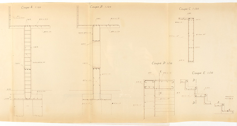Cahier de coffrage et armature de la structure de l'escalier, André Maisonnier, s.d. © Sonia Dourlot (reproduction) / Région Bourgogne-Franche-Comté, Inventaire du patrimoine - 2017