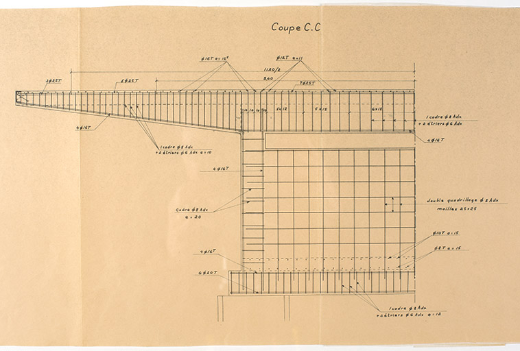 Cahier de coffrage et armature de la structure de la pile et du plancher du premier étage, André Maisonnier, s.d. © Sonia Dourlot (reproduction) / Région Bourgogne-Franche-Comté, Inventaire du patrimoine - 2017