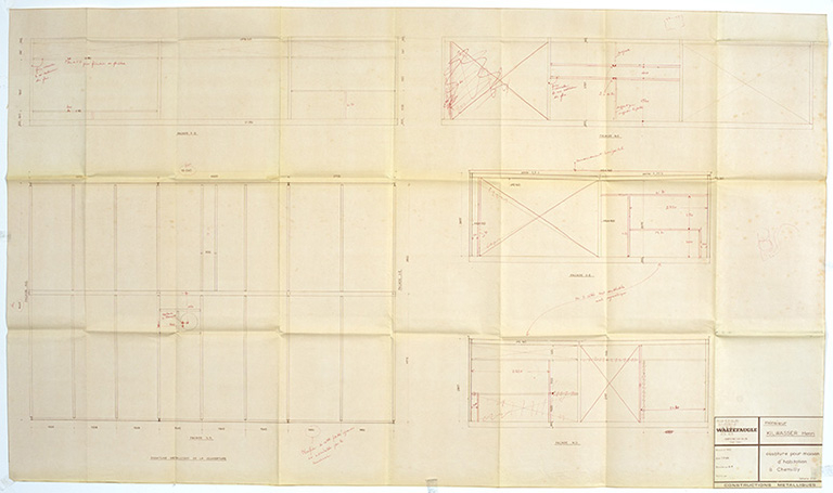 Plan de la charpente métallique avec annotations de l'entreprise Waltefaugle, André Maisonnier, 1er septembre 1966. © Sonia Dourlot (reproduction) / Région Bourgogne-Franche-Comté, Inventaire du patrimoine - 2017