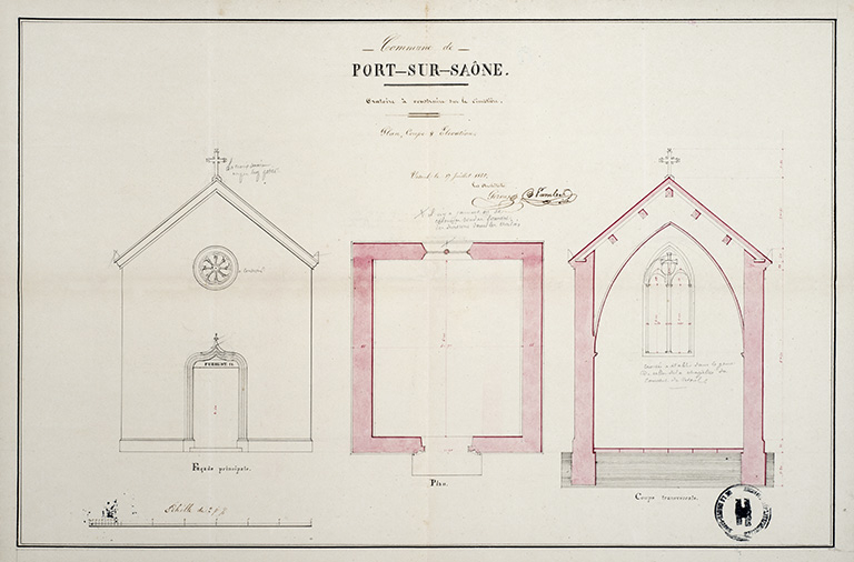 Oratoire à construire au nouveau cimetière : plan, coupe et élévation (1er projet). © Jérôme  Mongreville (reproduction), Jean-Baptiste Pambet, Servas / Région Bourgogne-Franche-Comté, Inventaire du patrimoine - 2017