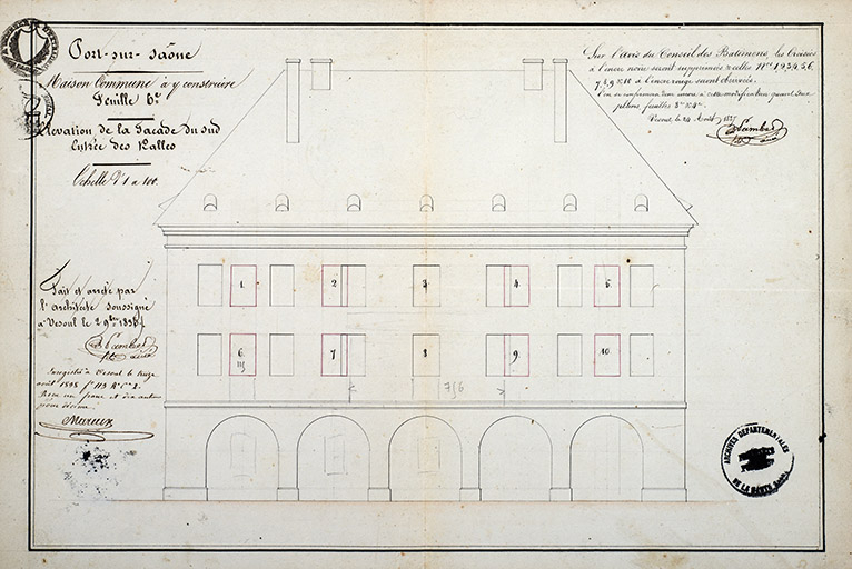 Plan de la façade du sud, entrée des halles (1836). © Jérôme Mongreville / Région Bourgogne-Franche-Comté, Inventaire du patrimoine - 2017