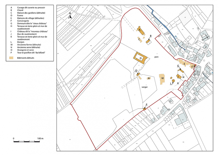Plan-masse et de situation du site. Extrait du plan cadastral, 2017, section B, 1/4 000.  © Mathias Papigny / Région Bourgogne-Franche-Comté, Inventaire du patrimoine - 2017