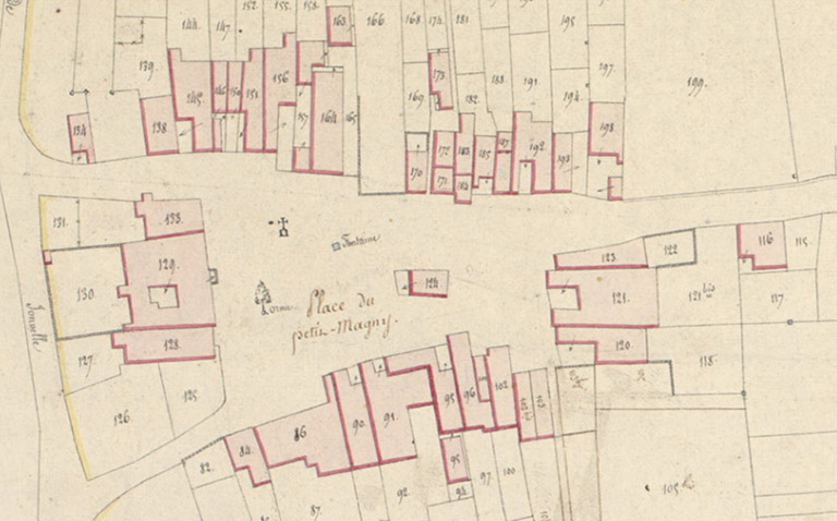 Extrait du cadastre napoléonien terminé le 29 mai 1819 : autour de la place du petit Magny. Section C feuille unique. © Sonia Dourlot (reproduction) / Archives départementales de la Haute-Saône - 2017 Extrait du cadastre napoléonien terminé le 29 mai 1819 : autour de la place du petit Magny. Section C feuille unique. © Sonia Dourlot (reproduction) / Archives départementales de la Haute-Saône - 2017