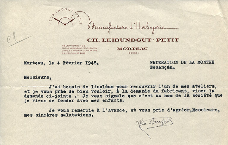 Papier à en-tête de la société Ch. Leibundgut-Petit, 4 février 1948. © Laurent Poupard / Région Bourgogne-Franche-Comté, Inventaire du patrimoine - 2018