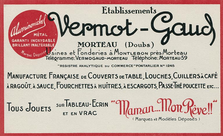 [Carte publicitaire des Ets Vermot-Gaud], s.d. [milieu 20e siècle]. © Laurent Poupard / Région Bourgogne-Franche-Comté, Inventaire du patrimoine - 2018