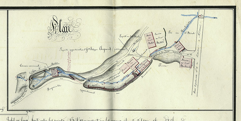 Plan et nivellements relatifs à la demande formée par le Sr François Philippe Chopard [...] tendant à obtenir l'autorisation d'établir une roue hydraulique à la brasserie [... : détail], 11 mars 1844. © Laurent Poupard / Région Bourgogne-Franche-Comté, Inventaire du patrimoine - 2018