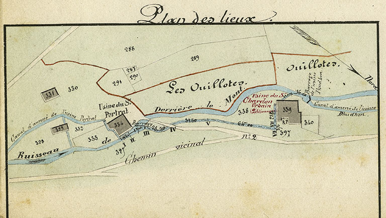 Ruisseau de Derrière-le-Mont. Commune de Montlebon. Règlement d’eau de l’usine du sieur Chardon Urbain. Plan, profils en long et en travers et dessins de détails [détail : le plan], 1863. © Laurent Poupard / Région Bourgogne-Franche-Comté, Inventaire du patrimoine - 2018