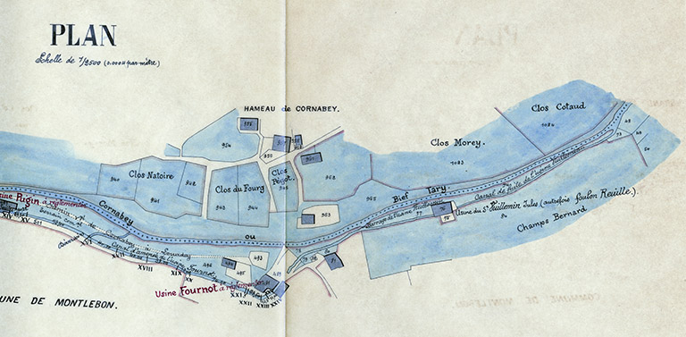 Commune de Montlebon. Ruisseau de Cornabey. Usines des Srs Pugin et Fournot. Plan des lieux [détail : partie droite], 1887. © Laurent Poupard / Région Bourgogne-Franche-Comté, Inventaire du patrimoine - 2018