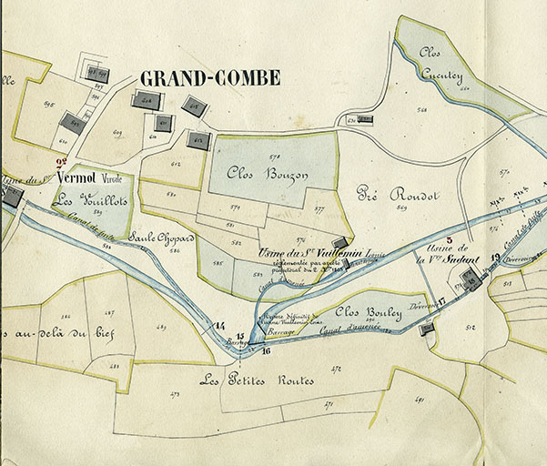 Commune de Grand'Combe. Règlement d'eau des usines [...] Plan parcellaire [détail de la partie centrale : Vermot, Vuillemin et Sudant], 21 juin 1876. © Laurent Poupard / Région Bourgogne-Franche-Comté, Inventaire du patrimoine - 2018