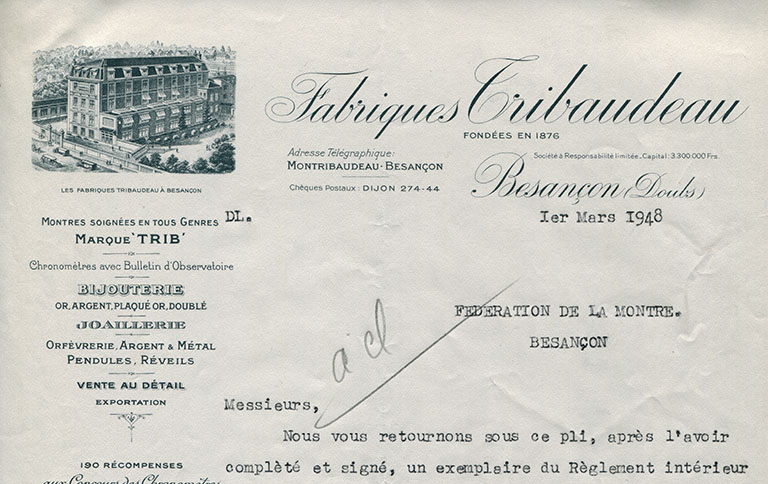 Papier à en-tête, détail de la partie supérieure, 1948. © Raphaël Favereaux / Région Bourgogne-Franche-Comté, Inventaire du patrimoine - 2018 Papier à en-tête, détail de la partie supérieure, 1948. © Raphaël Favereaux / Région Bourgogne-Franche-Comté, Inventaire du patrimoine - 2018