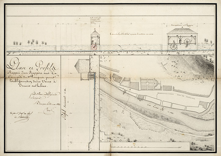Plan et profils [...] du sieur Pouguet pour l'établissement d'une usine à Ornans sur la Loue, 1822. © Jérôme Mongreville / Région Bourgogne-Franche-Comté, Inventaire du patrimoine - 2018