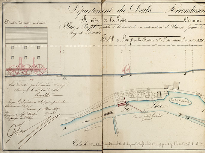Plan et profils relatifs à la demande en autorisation d'usines formée le 2 juillet 1832 par le sieur Auguste Louvrier, 1835. © Jérôme Mongreville / Région Bourgogne-Franche-Comté, Inventaire du patrimoine - 2018 Plan et profils relatifs à la demande en autorisation d'usines formée le 2 juillet 1832 par le sieur Auguste Louvrier, 1835. © Jérôme Mongreville / Région Bourgogne-Franche-Comté, Inventaire du patrimoine - 2018