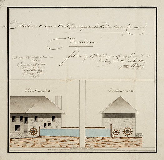 Détail des usines de Vuillafans appartenant à M. Jean Baptiste Chevassu. Martinet, 1821. © Jérôme Mongreville / Région Bourgogne-Franche-Comté, Inventaire du patrimoine - 2018 Détail des usines de Vuillafans appartenant à M. Jean Baptiste Chevassu. Martinet, 1821. © Jérôme Mongreville / Région Bourgogne-Franche-Comté, Inventaire du patrimoine - 2018