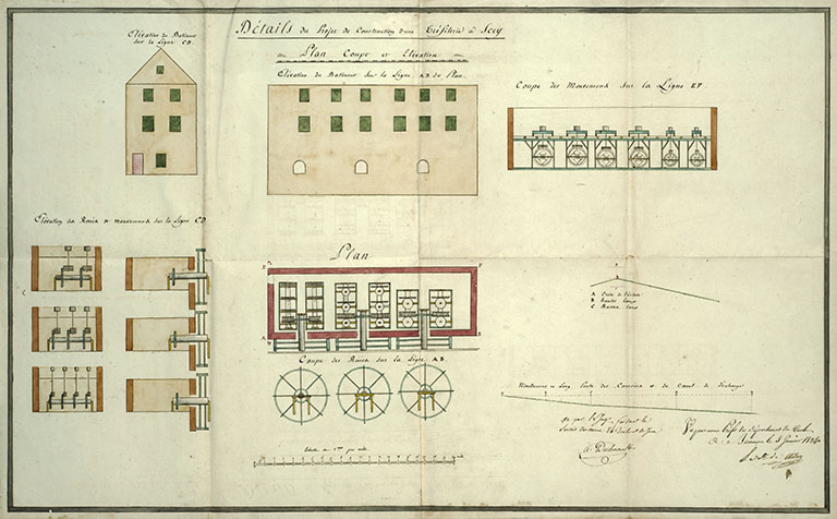 Détails du projet de construction d'une tréfilerie à Scey. Plan coupe et élévations, s.d. [1824]. © Jérôme Mongreville / Région Bourgogne-Franche-Comté, Inventaire du patrimoine - 2018