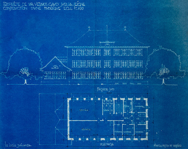 Propriété de Mr Vermot-Gaud, Sur-la-Seigne. Projet de fabrique. Façade sud [et] 2e étage [plan], juin 1923. © Jérôme Mongreville / Région Bourgogne-Franche-Comté, Inventaire du patrimoine - 2018