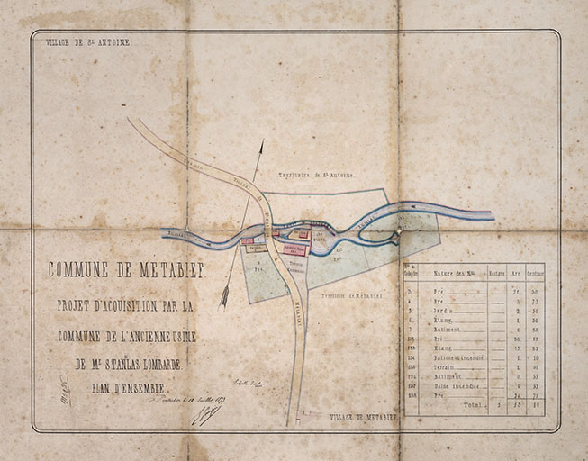 Projet d'acquisition par la commune de l'ancienne usine de M. Stanislas Lombarde. Plan d'ensemble, 1879. © Jérôme Mongreville / Région Bourgogne-Franche-Comté, Inventaire du patrimoine - 2018