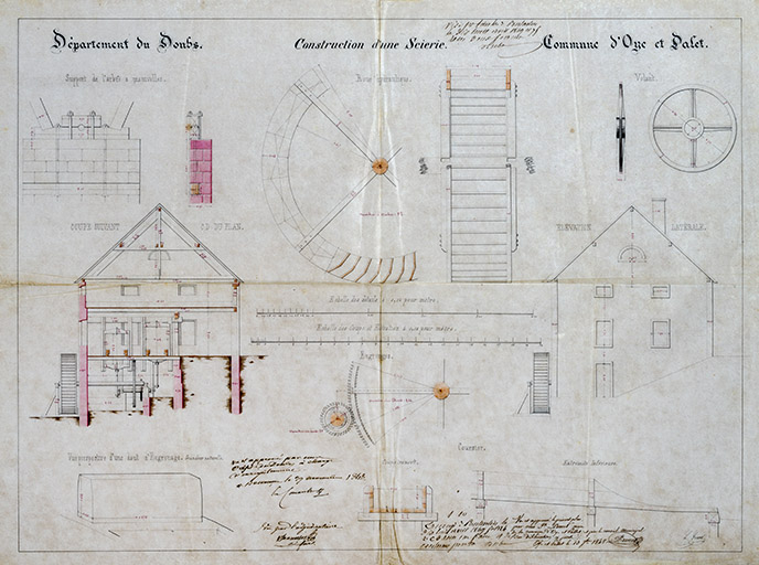 Construction d'une scierie [Elévation, coupe et détails], 1848. © Jérôme Mongreville / Région Bourgogne-Franche-Comté, Inventaire du patrimoine - 2018