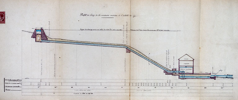 Projet d'exécution des ouvrages hydrauliques. Profil en long de la conduite motrice, 1903. © Jérôme Mongreville / Région Bourgogne-Franche-Comté, Inventaire du patrimoine - 2018 Projet d'exécution des ouvrages hydrauliques. Profil en long de la conduite motrice, 1903. © Jérôme Mongreville / Région Bourgogne-Franche-Comté, Inventaire du patrimoine - 2018