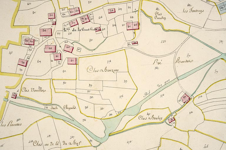 Cadastre de la commune de Grand'Combe-Châteleu. Atlas parcellaire, 1816, section B 4e feuille [détail : hameau de la Grand-Combe], 1/2 500. © Jérôme Mongreville / Région Bourgogne-Franche-Comté, Inventaire du patrimoine - 2018