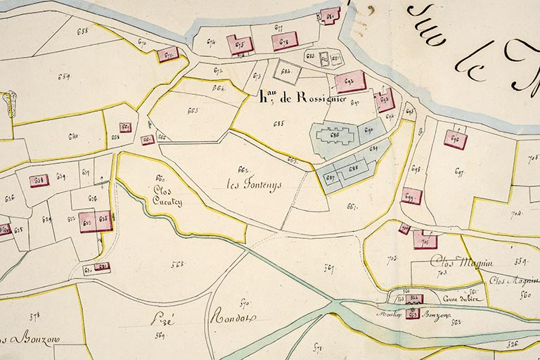 Cadastre de la commune de Grand'Combe-Châteleu. Atlas parcellaire, 1816, section B 4e feuille [détail : hameau de Rossignier], 1/2 500. © Jérôme Mongreville / Région Bourgogne-Franche-Comté, Inventaire du patrimoine - 2018