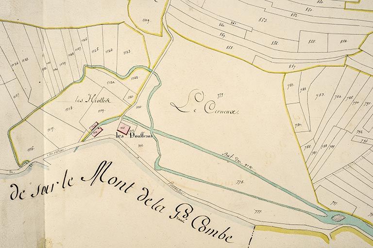 Cadastre de la commune de Grand'Combe-Châteleu. Atlas parcellaire, 1816, section B 5e feuille [détail : les Douffrans], 1/2 500. © Jérôme Mongreville / Région Bourgogne-Franche-Comté, Inventaire du patrimoine - 2018