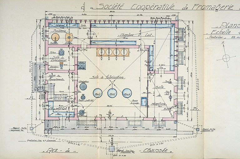 Société coopérative de fromagerie de Frasne. Construction d'une fromagerie, rez-de-chaussée, 1926. © Jérôme Mongreville / Région Bourgogne-Franche-Comté, Inventaire du patrimoine - 2018