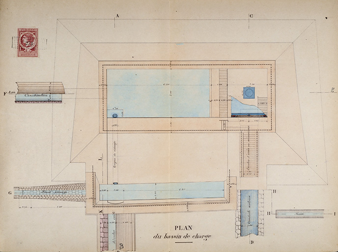 Projet d'exécution des ouvrages hydrauliques et des bâtiments. Dessins de détail du bassin de charge [...], 1903. © Jérôme Mongreville / Région Bourgogne-Franche-Comté, Inventaire du patrimoine - 2018