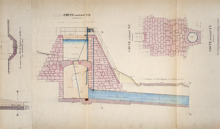 Projet d'exécution des ouvrages hydrauliques et des bâtiments. Coupes du bassin de charge [...], 1903. © Jérôme Mongreville / Région Bourgogne-Franche-Comté, Inventaire du patrimoine - 2018