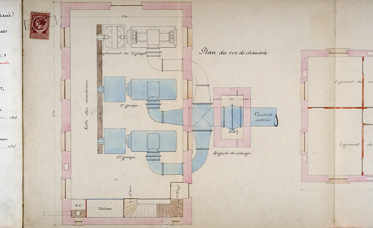 Projet d'exécution des ouvrages hydrauliques. Dessin du bâtiment [...]. Plan du rez-de-chaussée, 1903. © Jérôme Mongreville / Région Bourgogne-Franche-Comté, Inventaire du patrimoine - 2018
