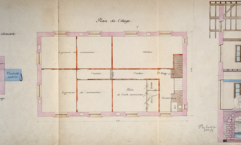 Projet d'exécution des ouvrages hydrauliques. Dessin du bâtiment [...]. Plan de l'étage, 1903. © Jérôme Mongreville / Région Bourgogne-Franche-Comté, Inventaire du patrimoine - 2018