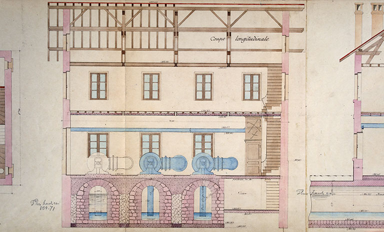 Projet d'exécution des ouvrages hydrauliques. Dessin du bâtiment [...]. Coupe longitudinale, 1903. © Jérôme Mongreville / Région Bourgogne-Franche-Comté, Inventaire du patrimoine - 2018