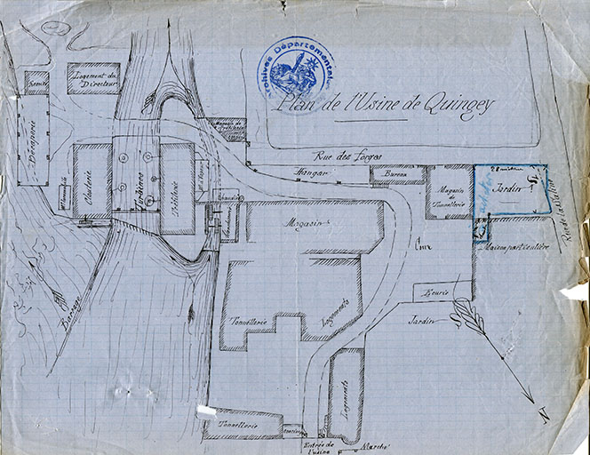 Plan de l'usine de Quingey, 1873. © Raphaël Favereaux / Région Bourgogne-Franche-Comté, Inventaire du patrimoine - 2018 Plan de l'usine de Quingey, 1873. © Raphaël Favereaux / Région Bourgogne-Franche-Comté, Inventaire du patrimoine - 2018