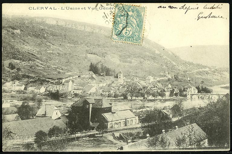 Clerval - L’usine et vue générale, carte postale, s.d. [fin 19e ou début 20e siècle]. © Raphaël Favereaux / Région Bourgogne-Franche-Comté, Inventaire du patrimoine - 2018