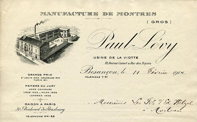 Manufacture de montres Paul-Lévy, papier à en-tête, s.d. [1914]. © Raphaël Favereaux / Région Bourgogne-Franche-Comté, Inventaire du patrimoine - 2018